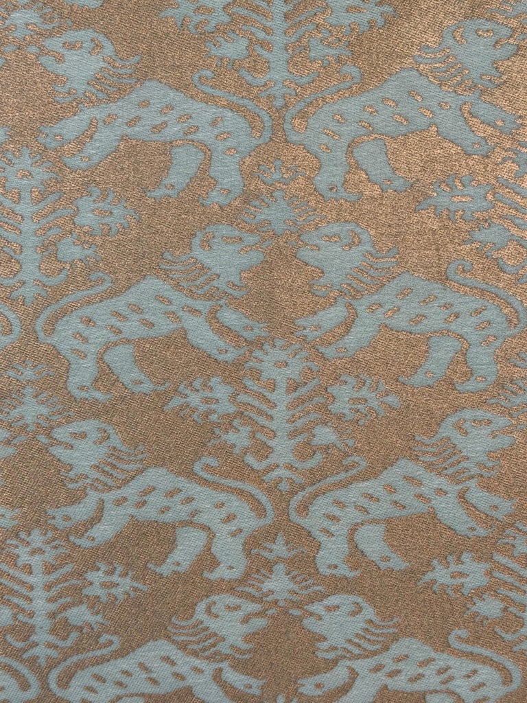 Pair of Richelieu Lions in Aquamarine and Gold Velvet Fortuny Pillows