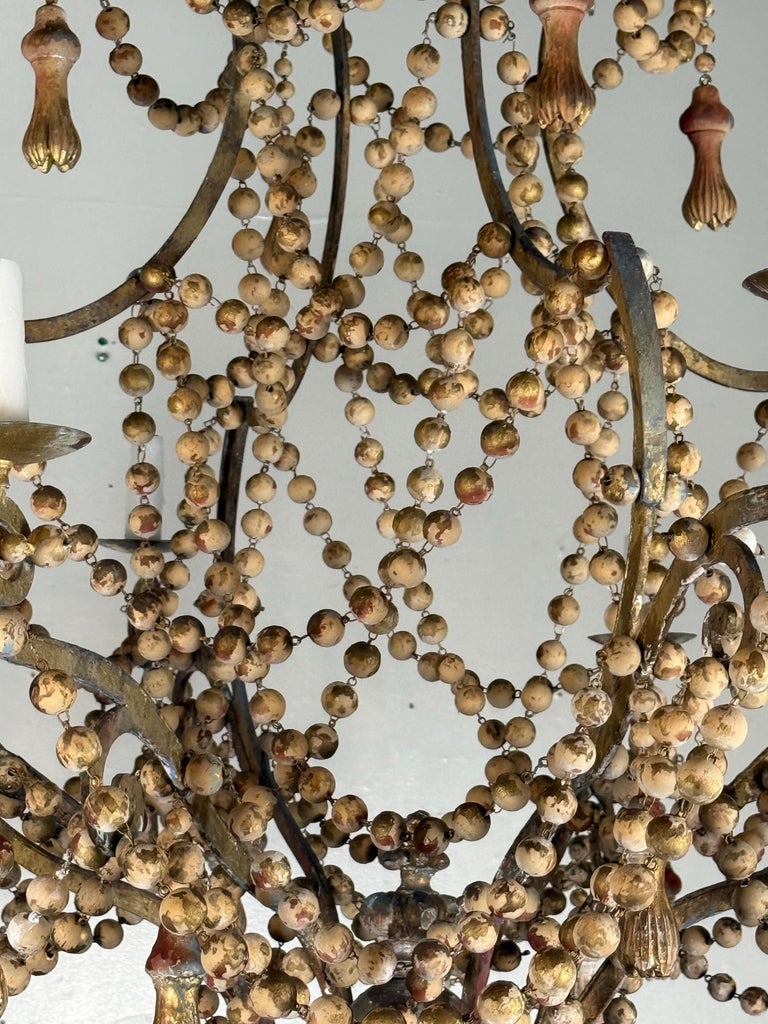 Monumental Italian Parcel-Gilt & Painted Wood-Bead Chandelier