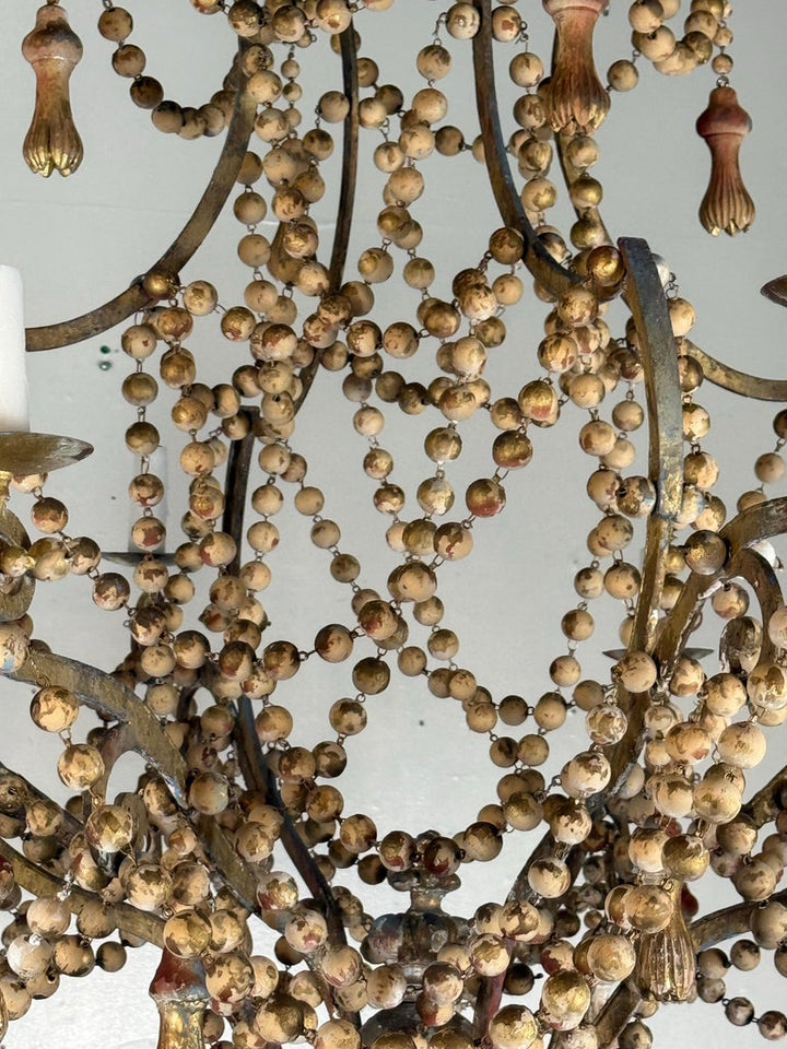 Monumental Italian Parcel-Gilt & Painted Wood-Bead Chandelier