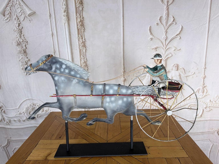 American Folk Art Painted Metal Horse & Sulky Weathervane