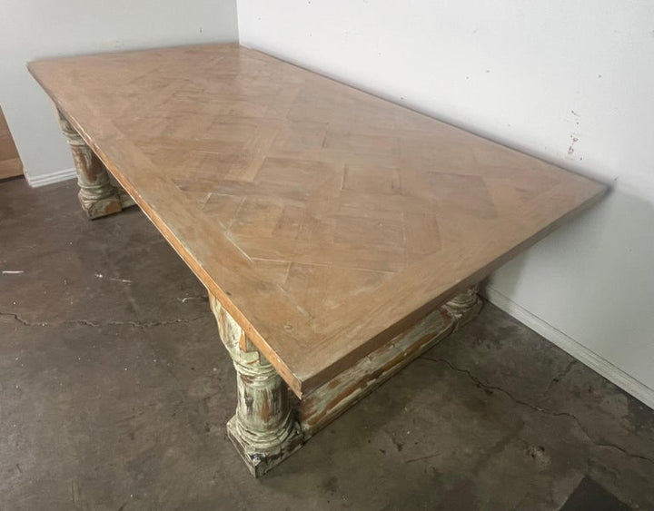 Rustic Painted Dining Table w/ Herringbone Pattern Top