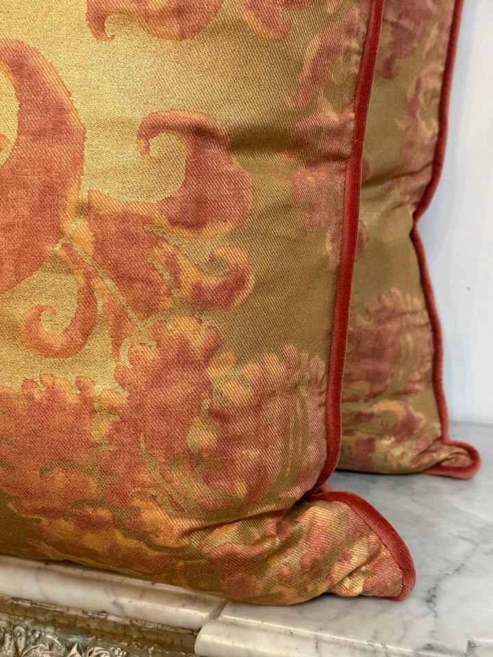 Custom Mariano Fortuny Pillows in Antique Gold &amp; Coral Damask