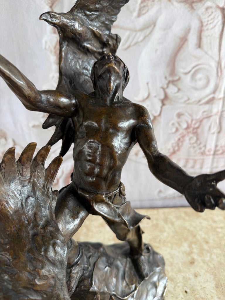 Monumental Bronze Sculpture of Native Warrior and Eagles, Dynamic Art