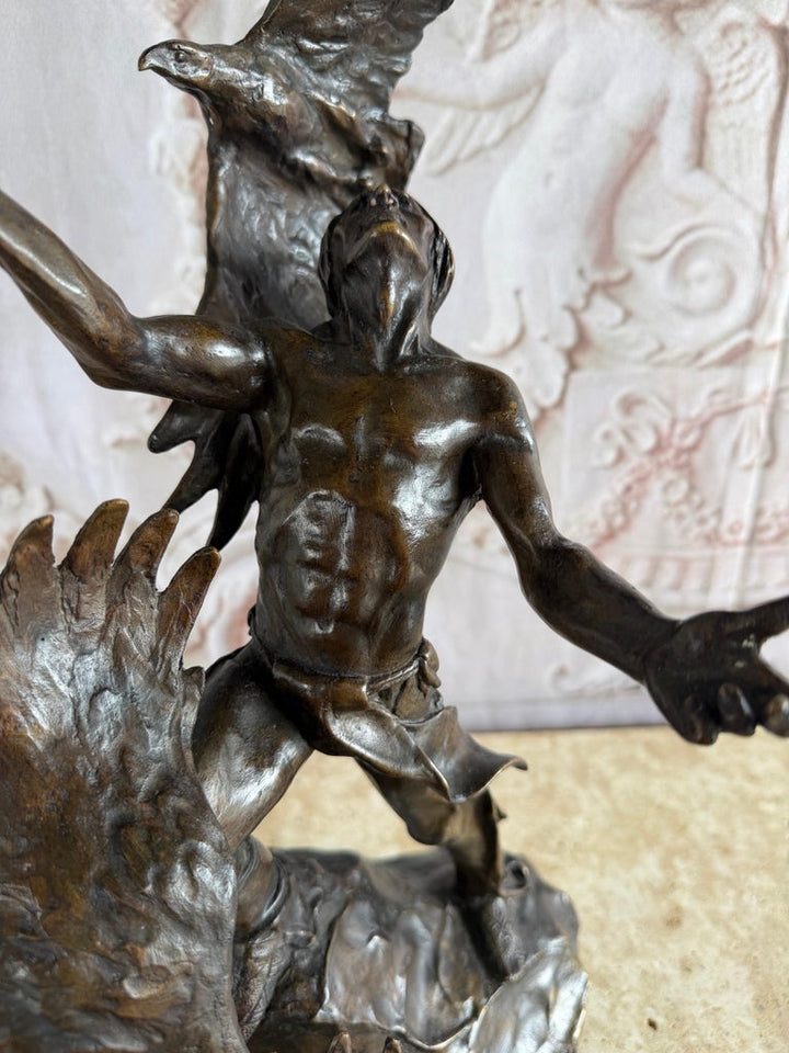 Monumental Bronze Sculpture of Native Warrior and Eagles, Dynamic Art