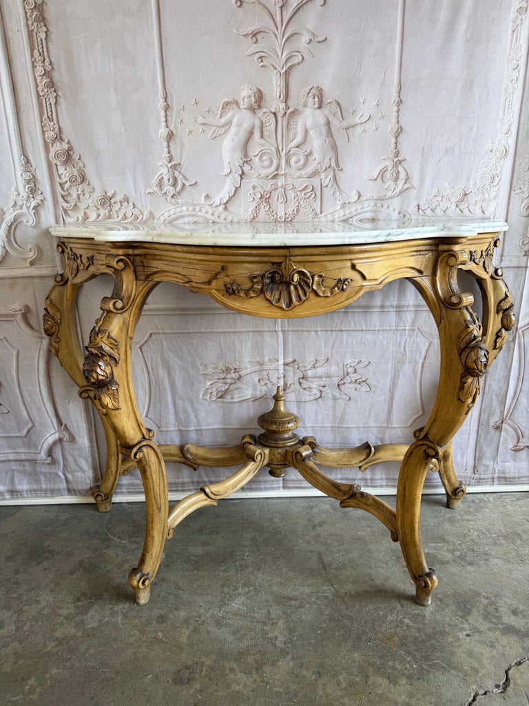 French Louis XV Style Carved Giltwood Console Table with White Marble Top