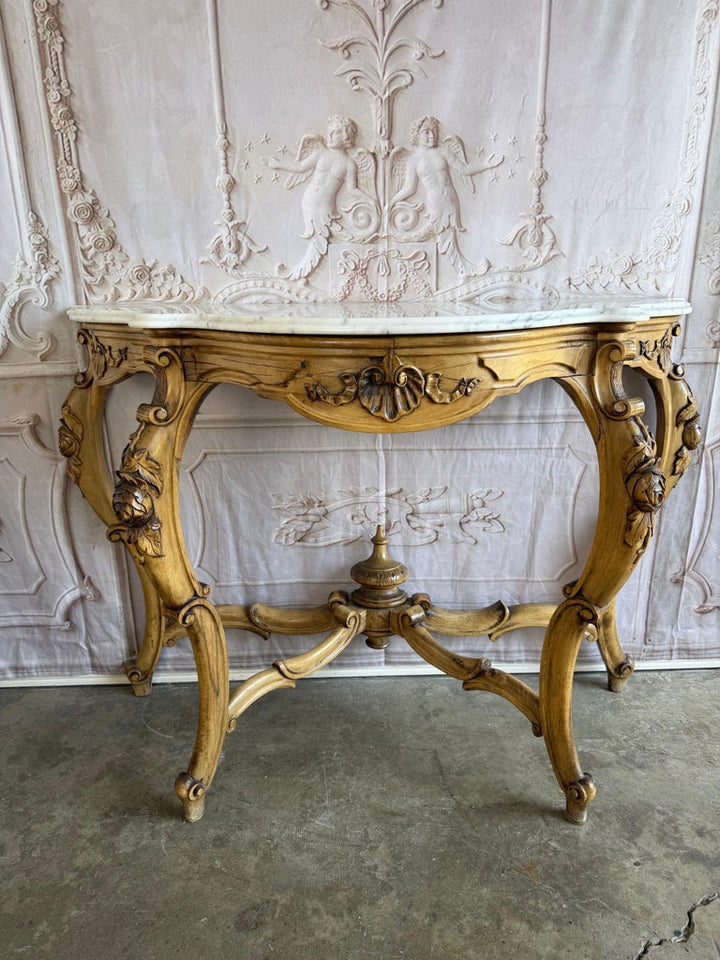 French Louis XV Style Carved Giltwood Console Table with White Marble Top