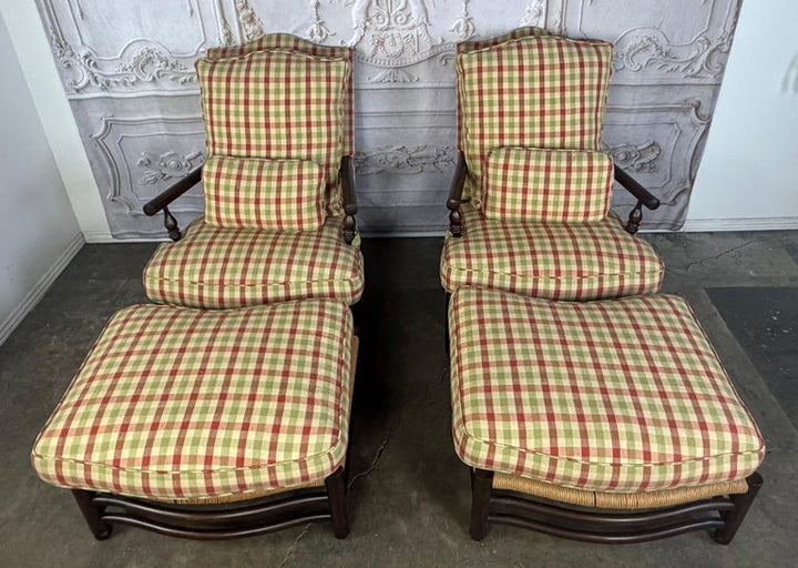 Pair of French Country Style Lounge Chairs w/ Ottomans