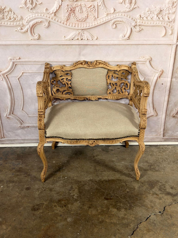 Antique Venetian Rococo Pierced Bench Settee- Hand Carved Bleached Walnut