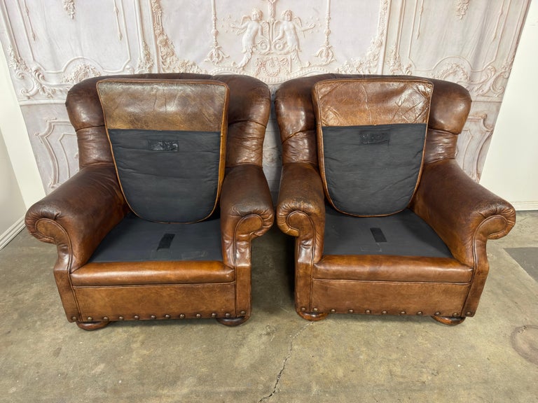 Pair of English Library Club Chairs in Hand-Finished Cognac Leather