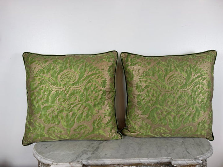 Mariano Fortuny Glicine Patterned Pillows, Moss Green &amp; Gold Damask