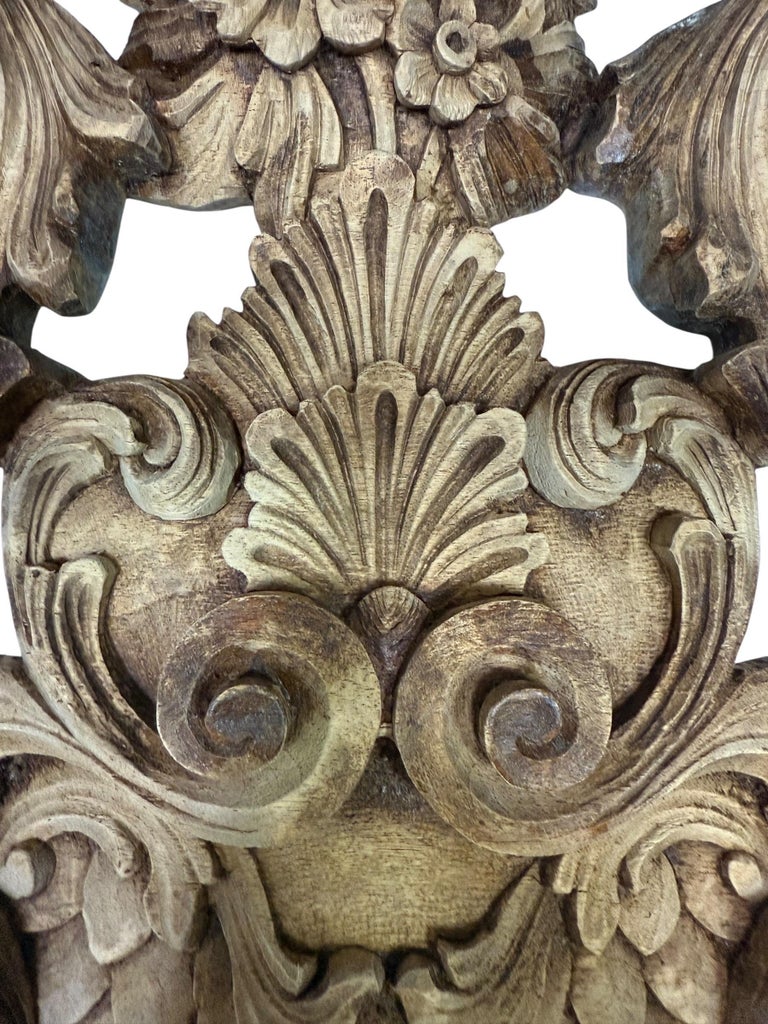 Ornate Carved Wood and Upholstered Headboard