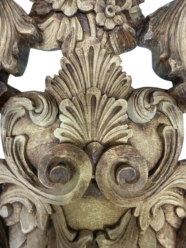 Ornate Carved Wood and Upholstered Headboard