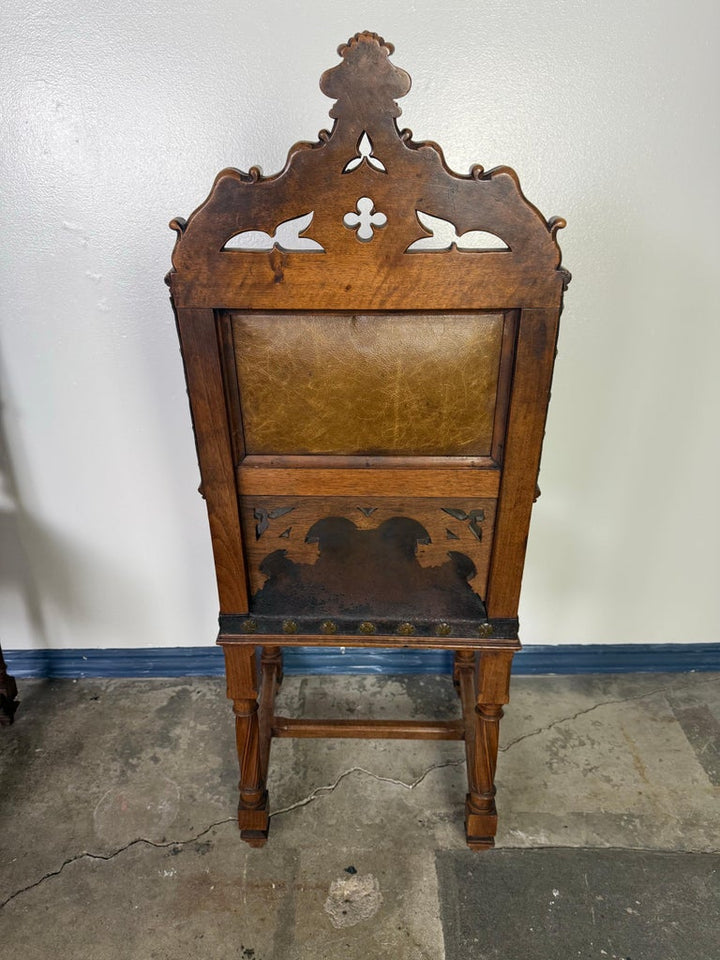 Set of Six 19th C. Gothic-Style Leather Dining Chairs