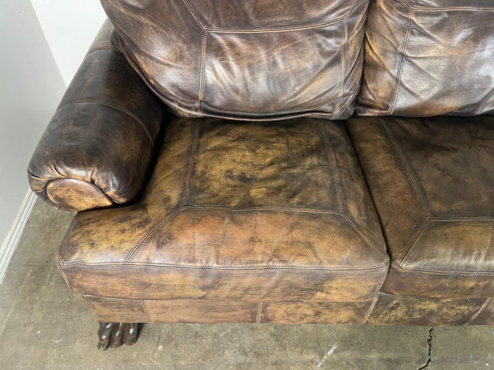 Mid-20th C. Leather Upholstered Sofa w/ Lion Paw Feet