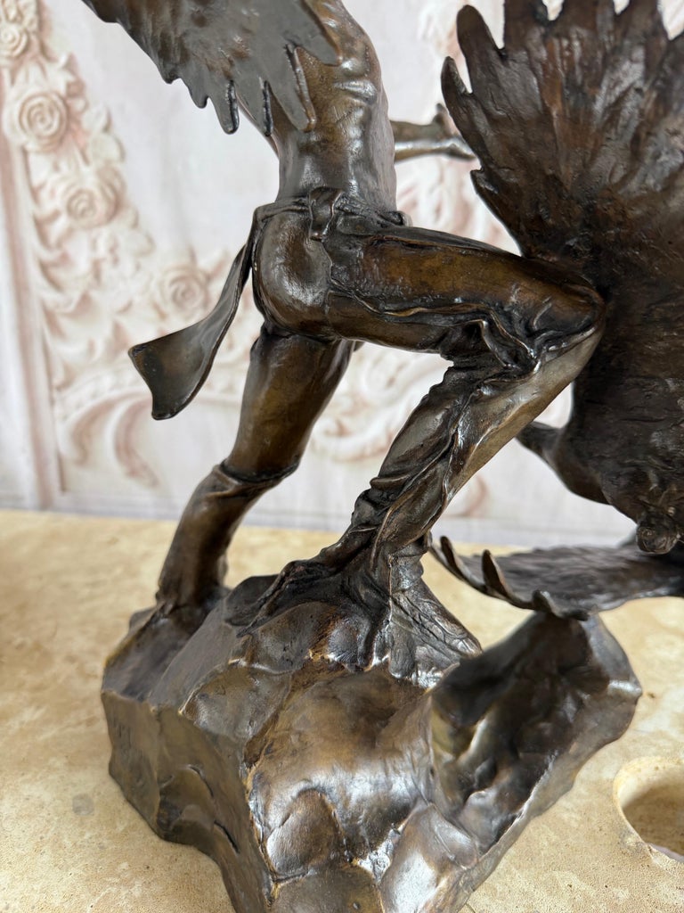 Monumental Bronze Sculpture of Native Warrior and Eagles, Dynamic Art