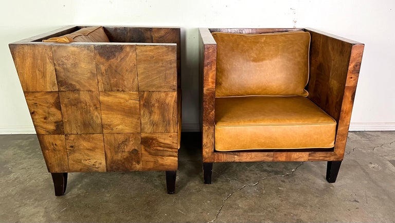 Pair of Modern Burl Walnut Armchairs w/ Leather Cushions