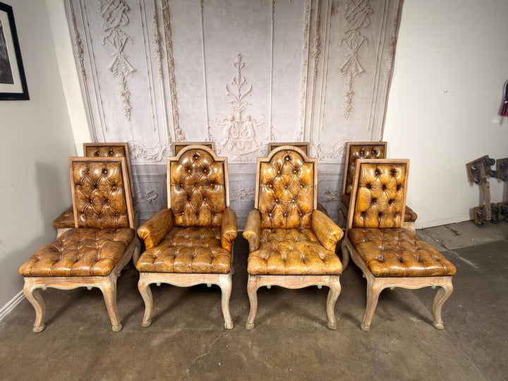 Set of 8 French Louis XV Dining Chairs, Leather Tufted, 1960s