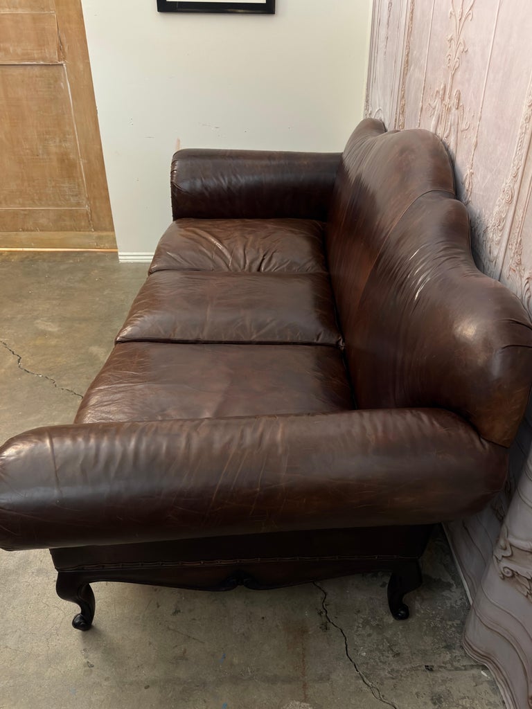 Ralph Lauren Home "Belmont" Hand-Carved Leather Camelback Sofa With Scroll Arms