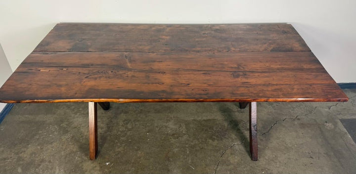 Rustic Trestle Dining Table with Handcrafted Plank Top, Mid-20th Century