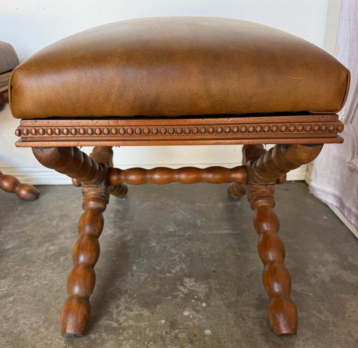 Pair of Spanish Colonial Baroque Bobbin - X-Base Stools with Distressed Leather