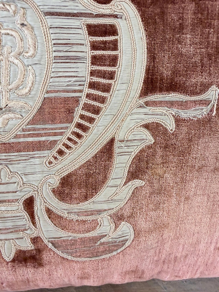 French Neoclassical-Style Embroidered monogram Velvet Lumbar Pillow