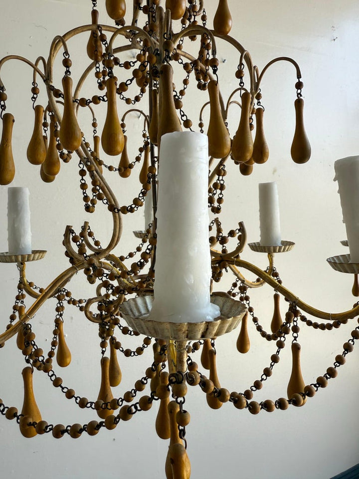 Pair of Italian Gilt Iron and Wood Beaded Chandeliers, Mid-20th Century
