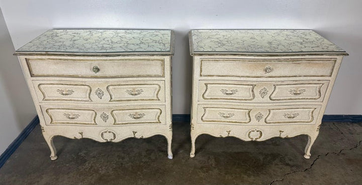 Pair of Louis XV–Style Painted Chests with Antiqued Marbled-Foxed Mirror Tops