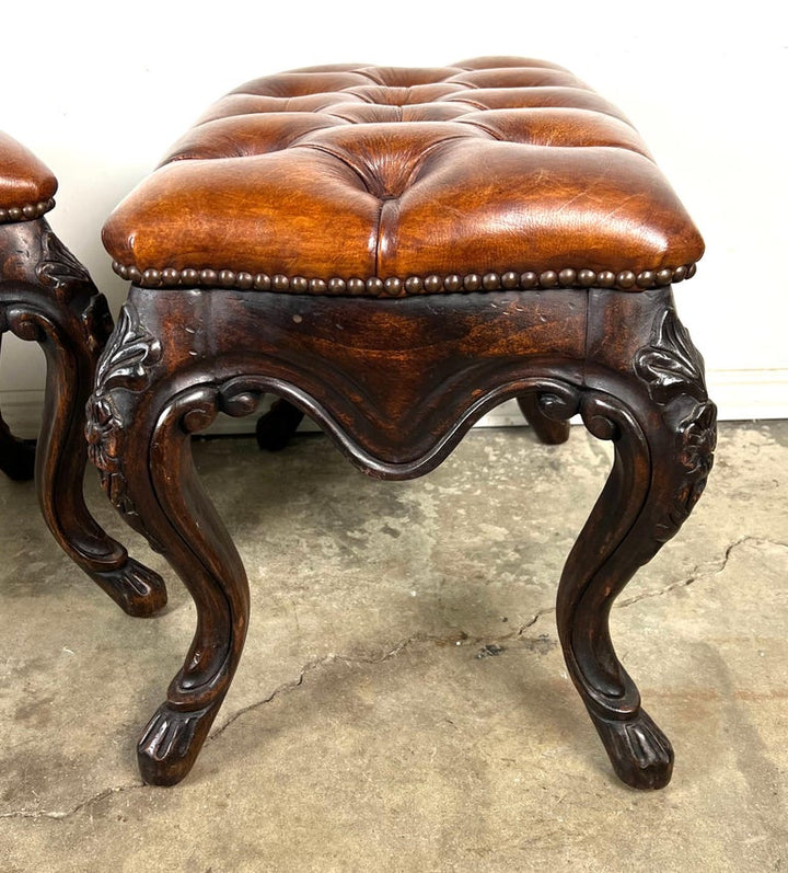 Pair of French Walnut Leather Tufted Benches