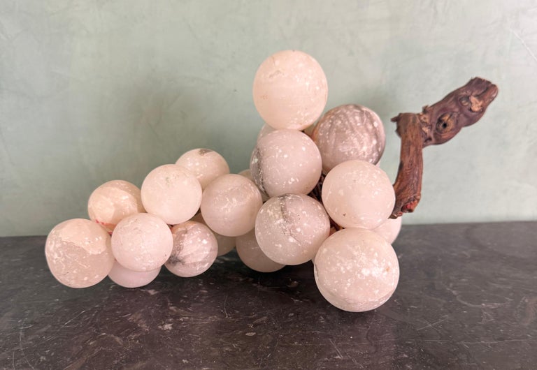 Italian Carved Alabaster Grapes on Natural Wood Vine, Mid-Century