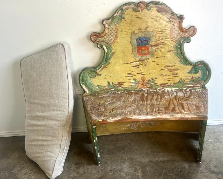 19th-century Venetian Painted Bench w/ Down Cushion