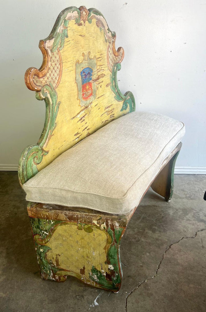 19th-century Venetian Painted Bench w/ Down Cushion