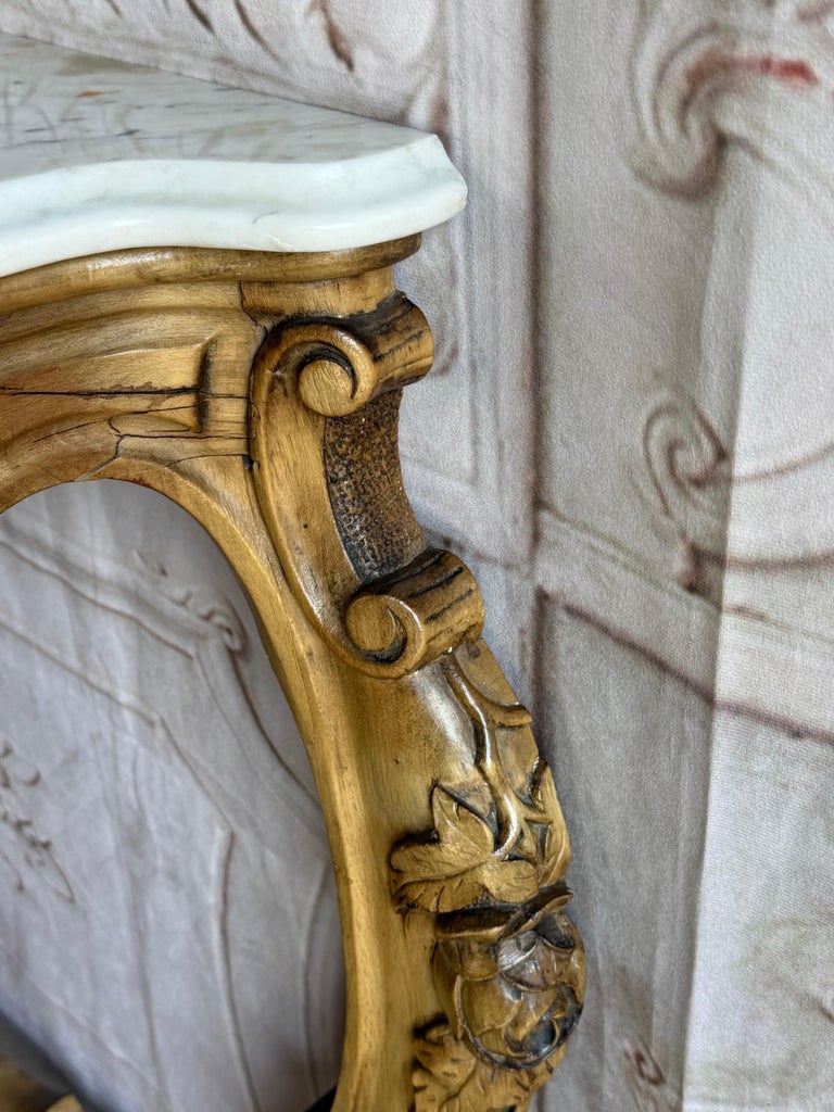 French Louis XV Style Carved Giltwood Console Table with White Marble Top