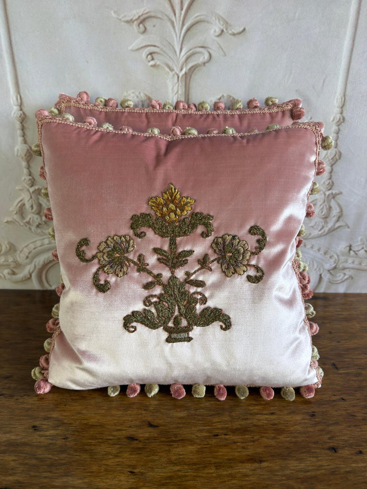 Pair of French Couture Blush Silk Velvet Pillows with 19th Century Appliques&