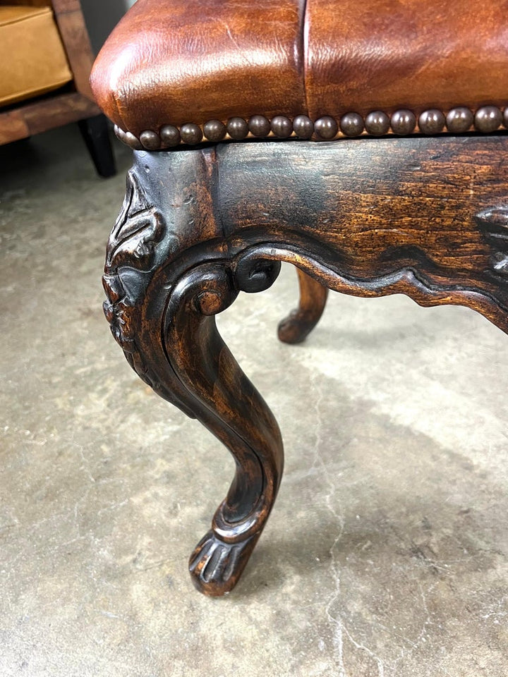 Pair of French Walnut Leather Tufted Benches