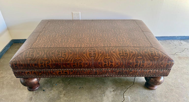 Large Embossed Leather Ottoman with Bun Feet