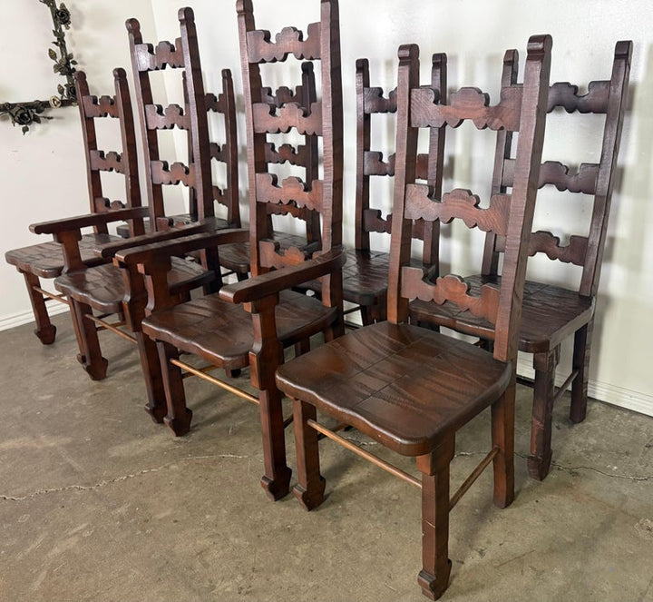 Set of 8 Spanish Colonial Revival Carved Wood Dining Chairs, Mid-20th Century