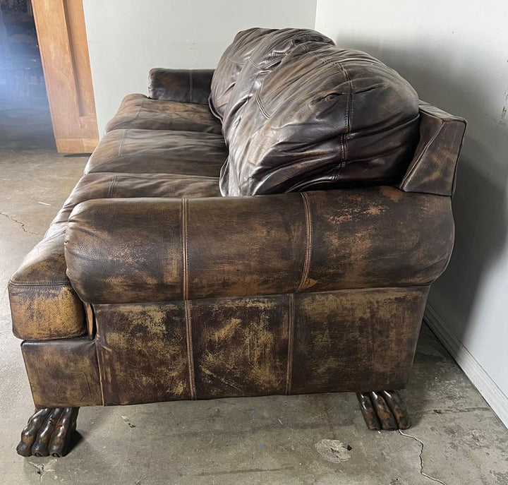 Mid-20th C. Leather Upholstered Sofa w/ Lion Paw Feet