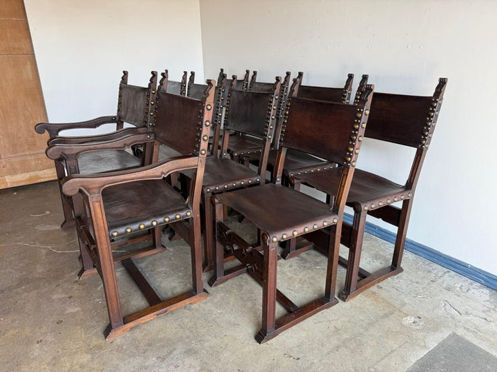 Set of Ten Spanish Revival Leather Dining Chairs, circa 1920s