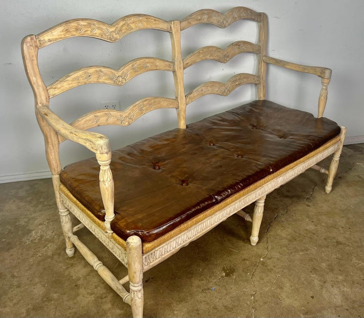 French Provincial Style Bench w/ Rush Seat & Leather Cushion