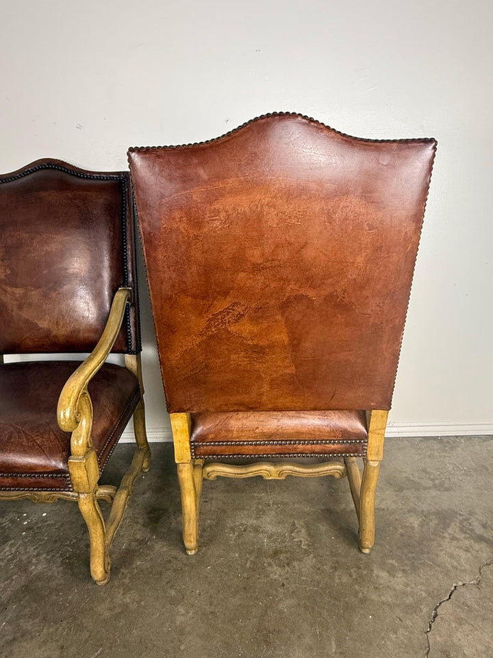 Pair of Mid-20th Century Italian Carved Armchairs with Leather Upholstery