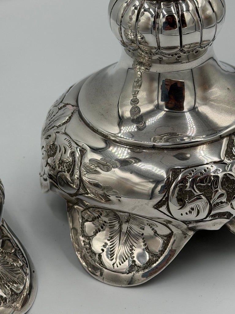 Pair of Antique Sterling Silver Baroque Revival Candlesticks with Repoussé