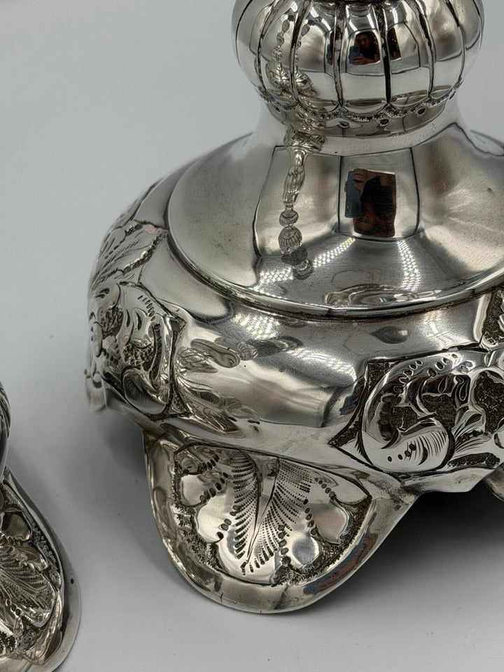 Pair of Antique Sterling Silver Baroque Revival Candlesticks with Repoussé