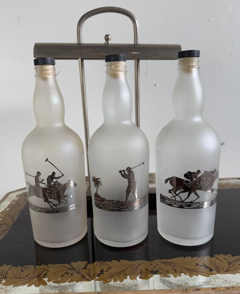 Set of Etched Polo Player Bottles in Silver Tantalus C. 1930's