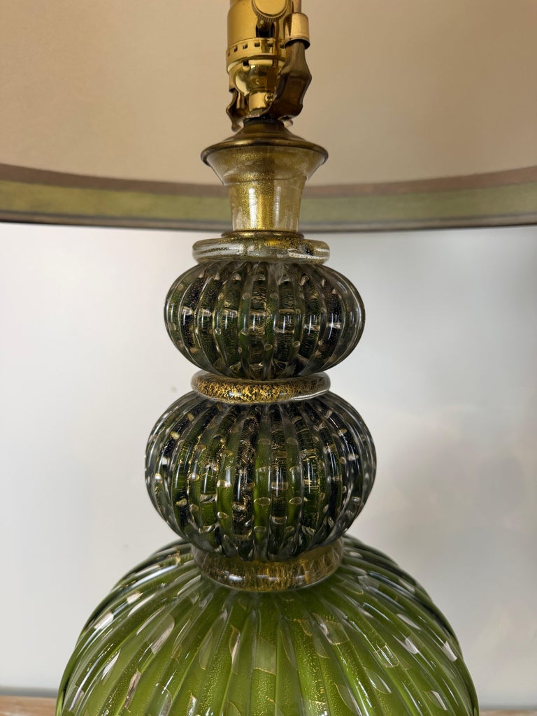 Pair of Vintage Murano Glass Table Lamps - Barovier &amp; Toso Style Olive Green