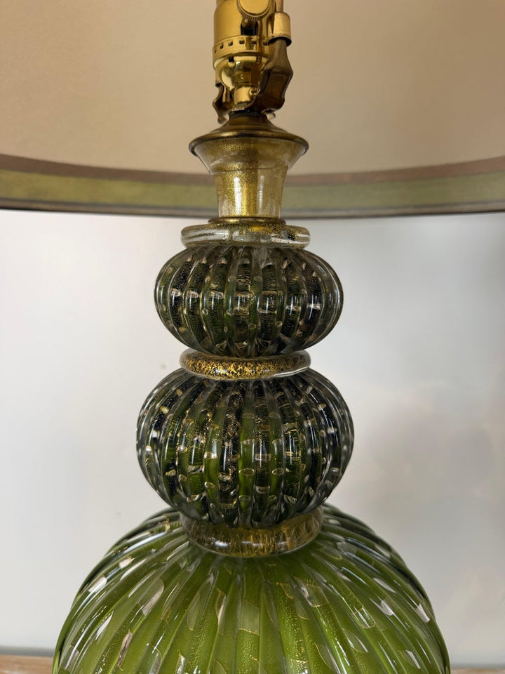 Pair of Vintage Murano Glass Table Lamps - Barovier &amp; Toso Style Olive Green