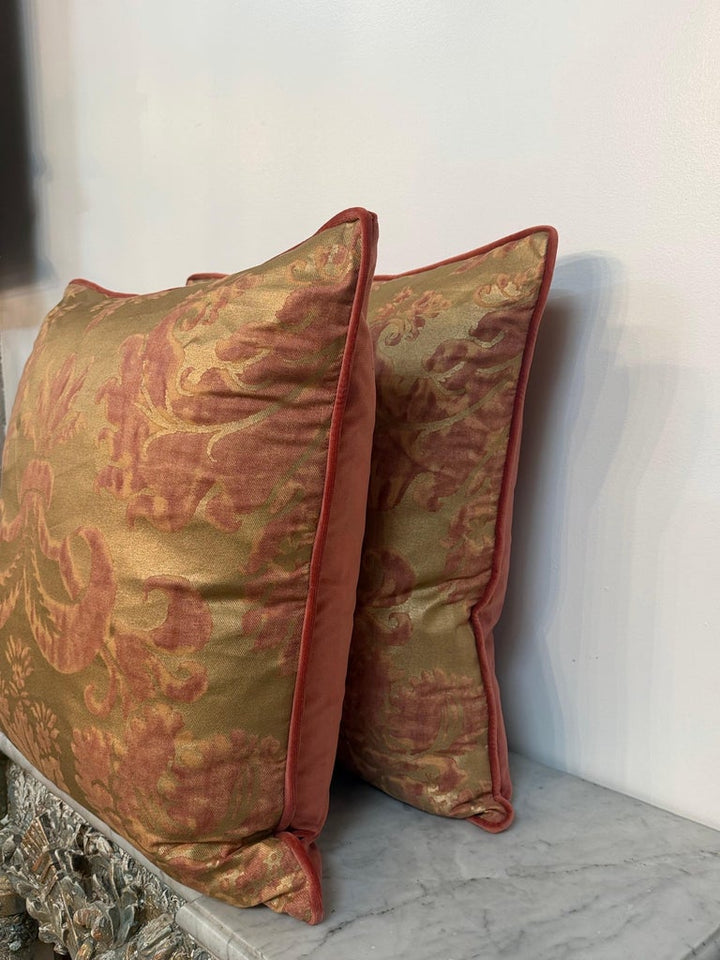 Custom Mariano Fortuny Pillows in Antique Gold &amp; Coral Damask