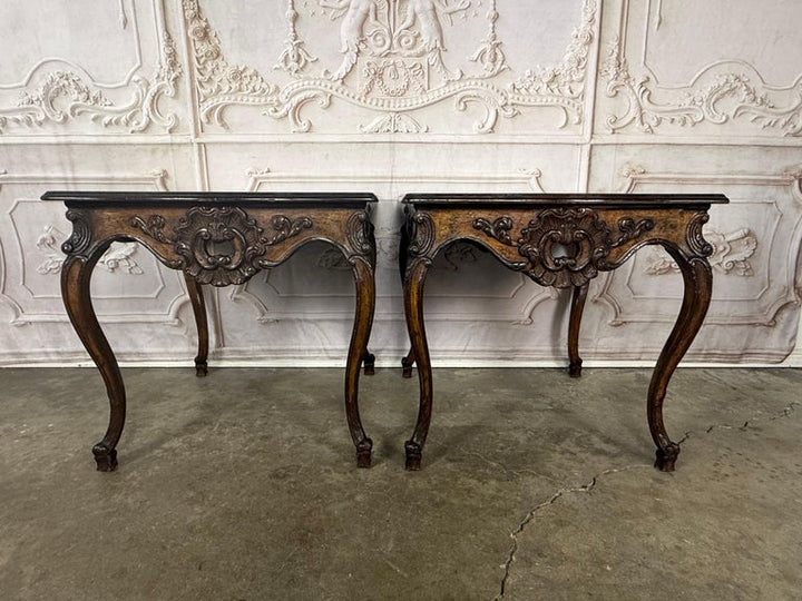 Pair of Louis XV Side Tables, Burl Walnut, Hand-Carved, Circa 1920s