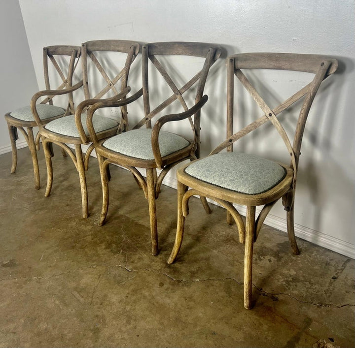 Set of Four Primitive Dining Chairs w/ Linen Seats