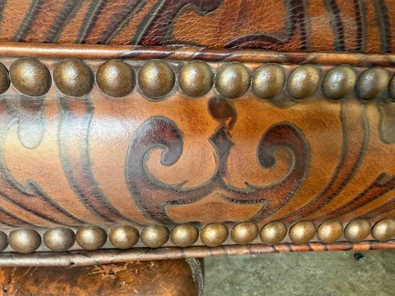 Large Embossed Leather Ottoman with Bun Feet