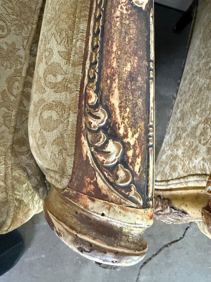 Pair of Italian Giltwood Armchairs with Damask Upholstery